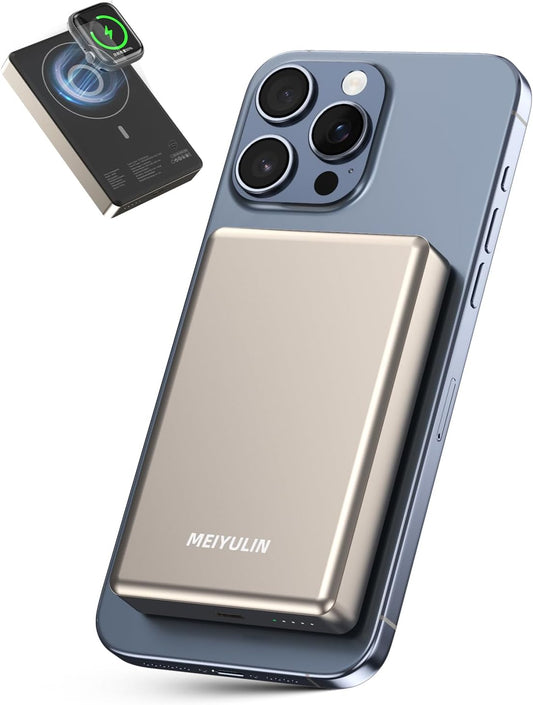 10000mAh Solid State Power Bank, PD 20W Portable Charger, 15W Magnetic Wireless Battery Pack, Compatible with iPhone 17 Pro Max Air/16/15/14/13/12 Series (Gold)