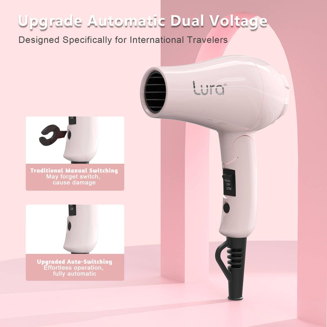 LURA Smart Dual Voltage HairDryer: Mini Travel Hair Dryer for Women,1200w Small Portable Blow Dryer with Pouch for Gym(Pink)