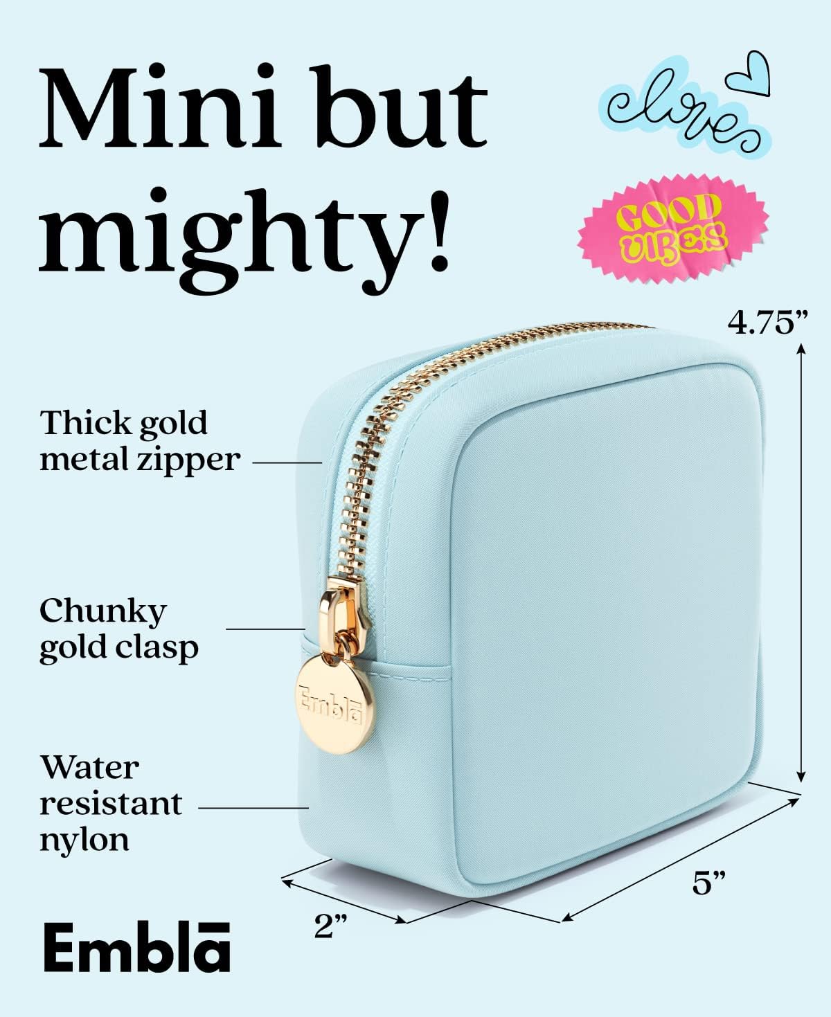 Embla Makeup Bag Travel Cosmetics Pouch and Toiletry Bag, Nylon Zipper Pouch Purse, Cute Make Up Organizer Storage Tote for Women Girls, Waterproof Travel Skincare Case, Small Makeup Bags, Sky Blue