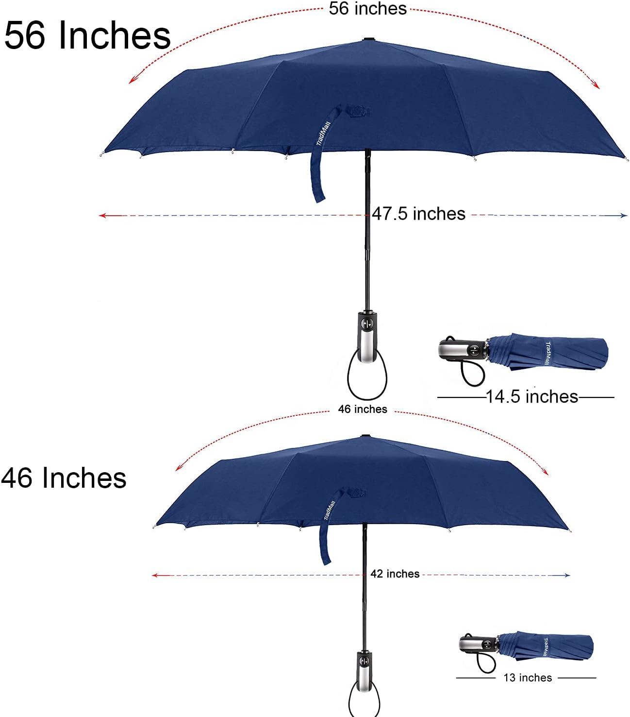 TradMall 2 Pack Travel Umbrella Windproof 46/56 Inches Large Canopy Reinforced Fiberglass Ribs Auto Open & Close