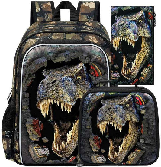 16" Dinosaur Backpack for Boy, 3Pcs Kids School Bookbag for Elementary Preschool Kindergarten, School Backpacks with Lunch Box(Black)
