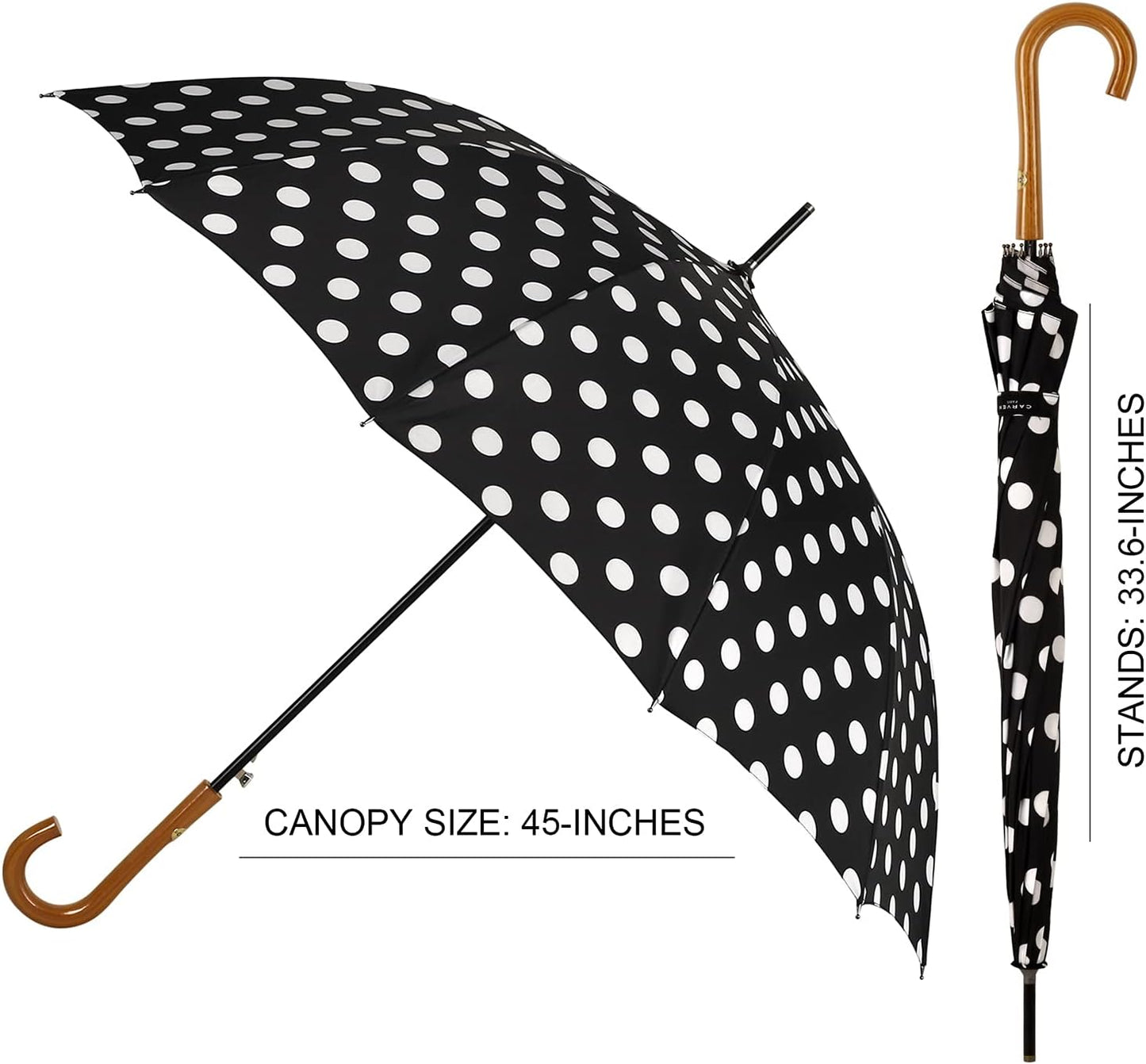 Agaric Classic Wooden Hook Handle J Stick Umbrella Auto Open Windproof Umbrella for Women (Black)