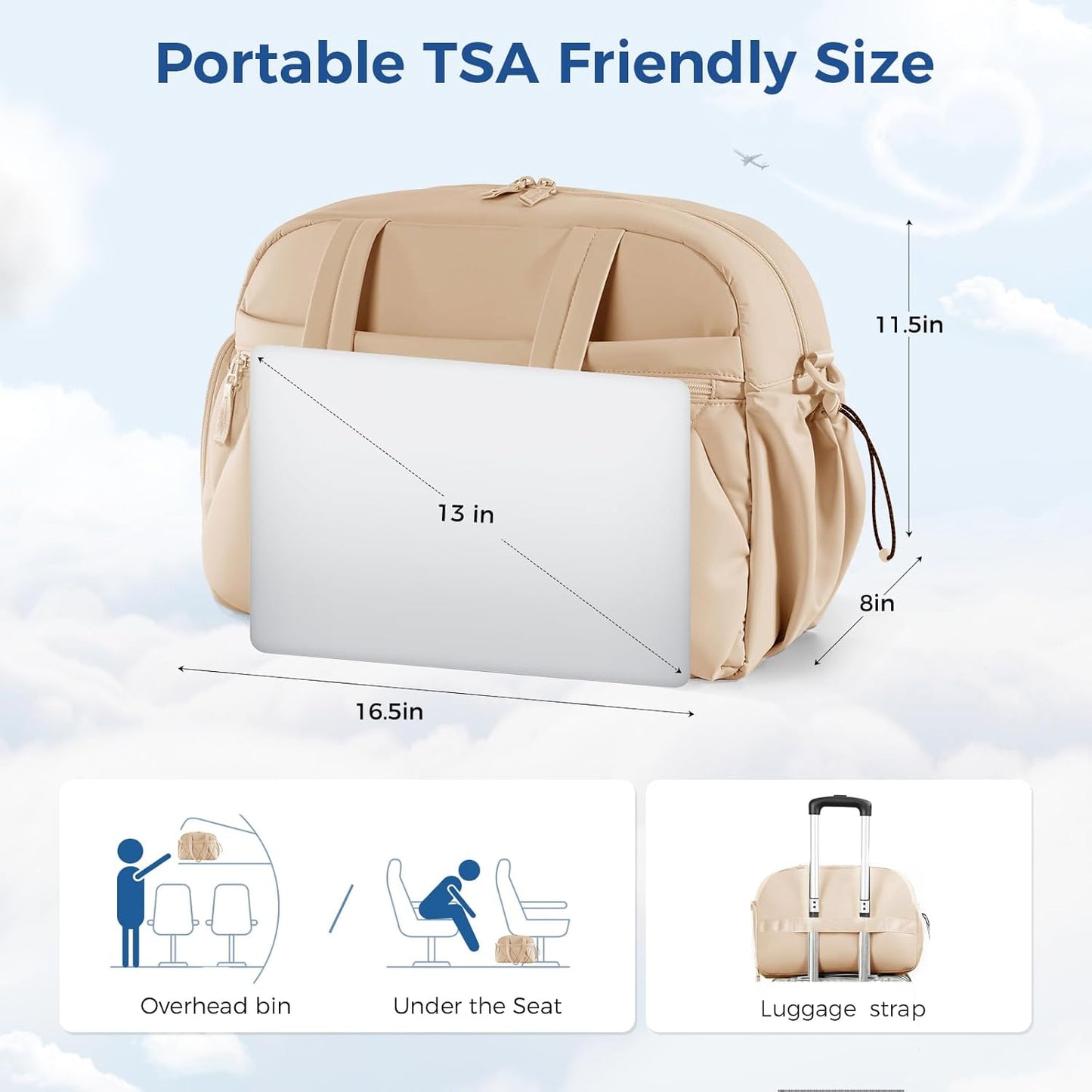 Gym Bag for Women, Puffer Travel Duffle Bag With Shoes Compartment & Wet Pocket, Carry On Tote Bag For Weekender, Overnight, Sport (Camel)