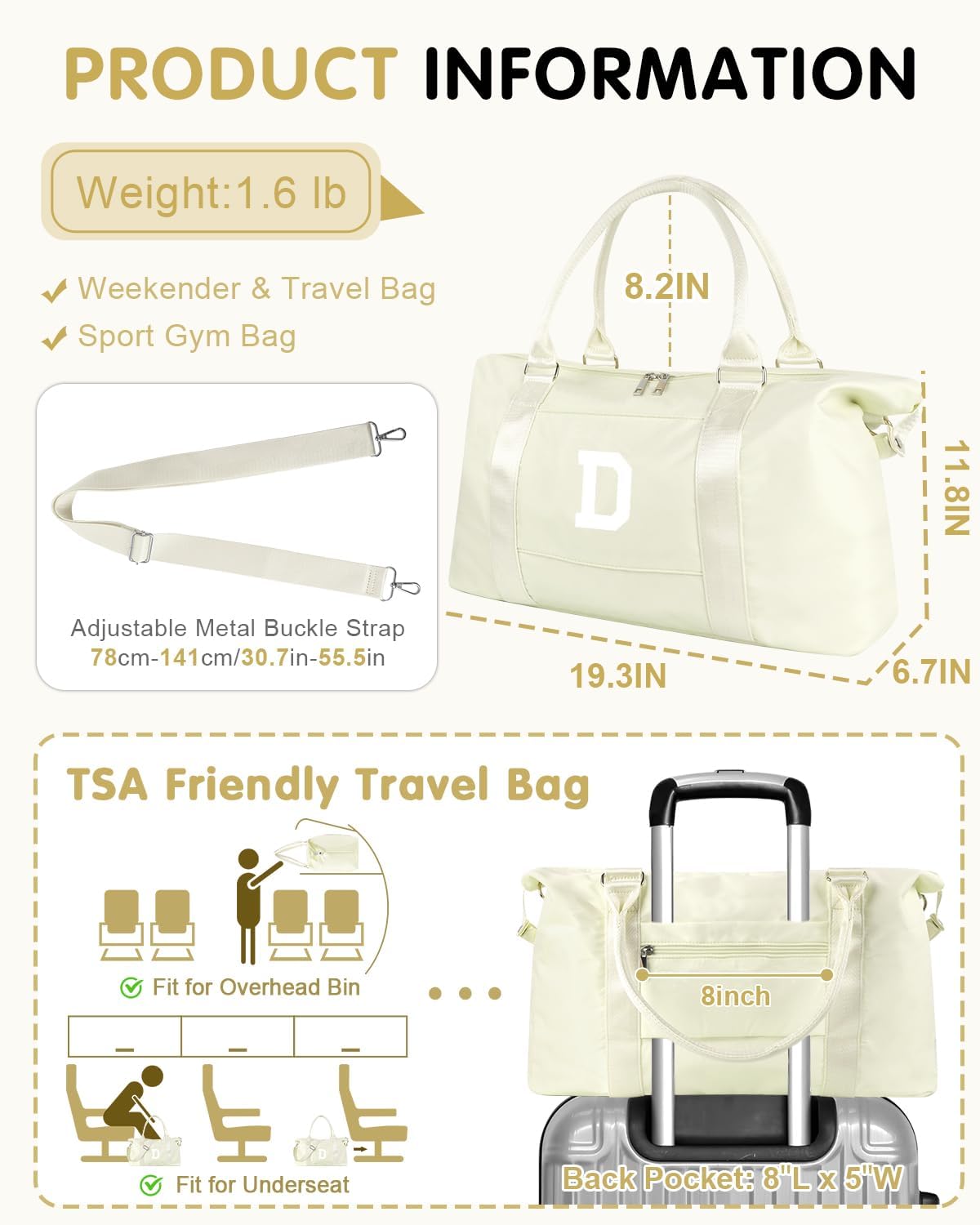 Initial Travel Duffel Bag Sports Gym Bag for Kids Teen Birthday Gifts,Beige Personalized Weekender Bag Carry On Dance Bags for Women Men,Waterproof Monogram Overnight Bag with Trolley Sleeve(Letter D)