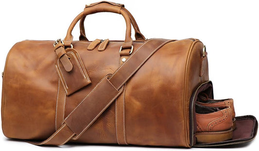 Leather Travel Luggage Bag, Mens Duffle Retro Carry on Handbag (Brown, 22 Inch)