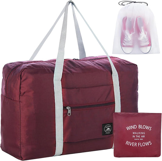 Travel Duffle Bag Tote Carry on Nylon Lightweight Foldable Travel Water Resistant Sports Gym Duffle Weekender Overnight Bag (Red+Pe bag)