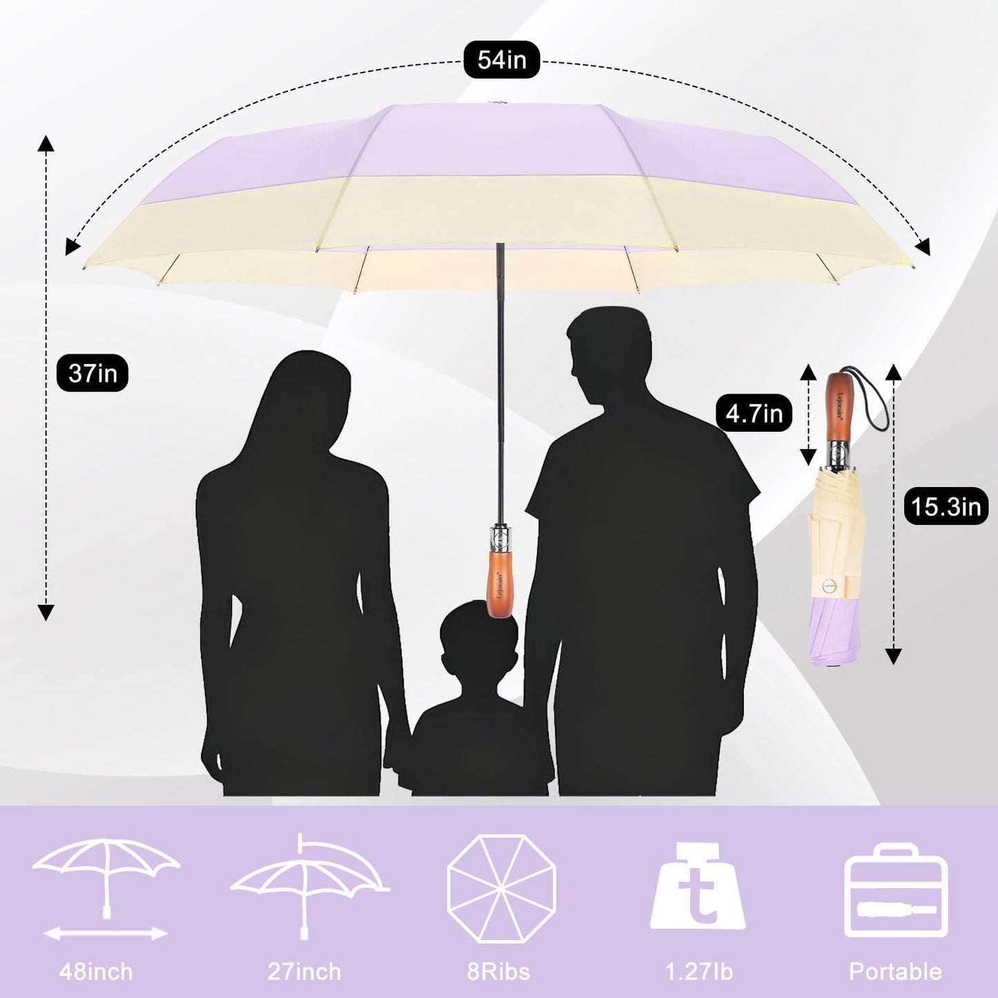 Lejorain Compact Golf Umbrella Large - 54inch Travel Big Portable Automatic Folding Umbrella Windproof for Men Heavy Duty 210T Dupont Teflon Coated Umbrella for Rain