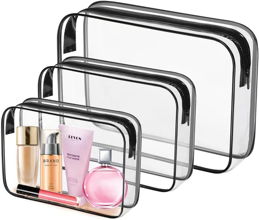 3 Pack Clear Toiletry Bag, TSA Approved Makeup Pouch Water Resistant Portable Travel Organizer, Carry On PVC Cosmetic for Airport Airline Complian