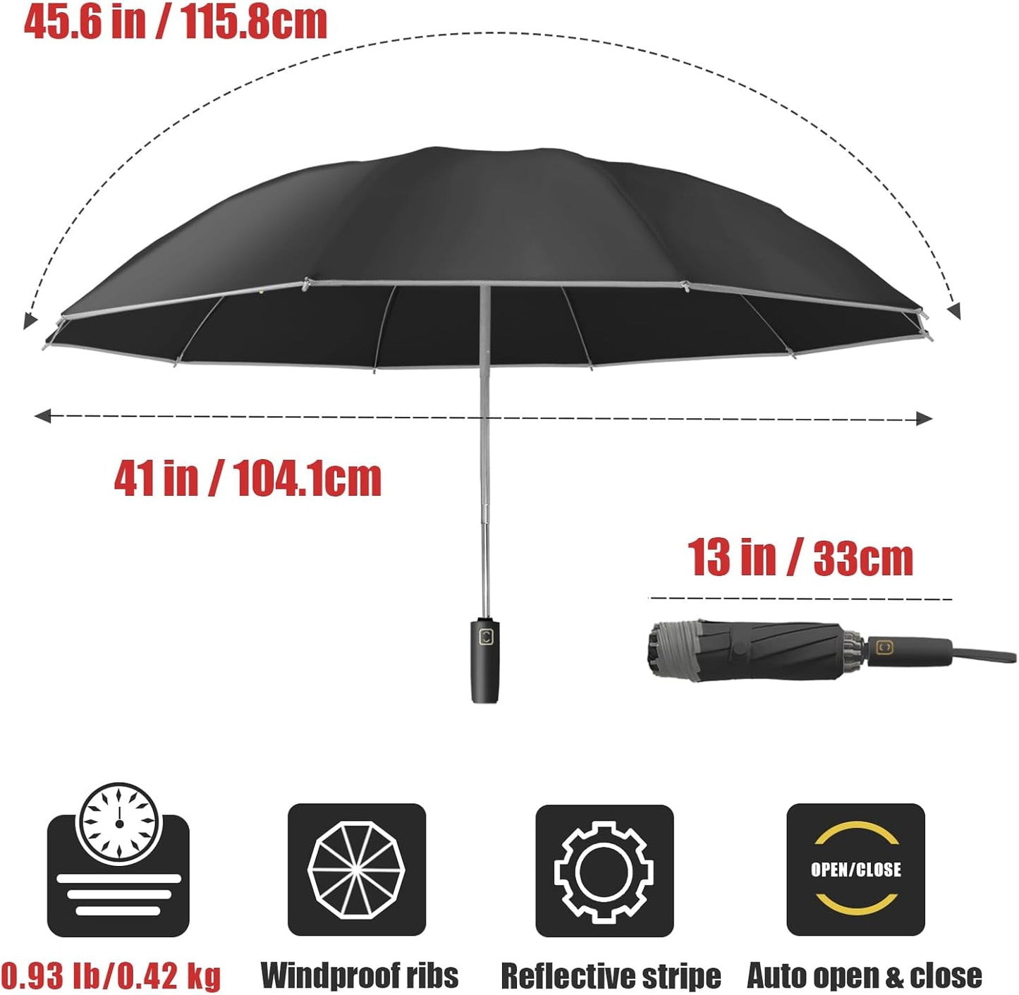 Large Windproof Travel Umbrella, Portable Reverse Folding Car Umbrella, Compact Inverted Design with Waterproof Canopy, Automatic, 10 Durable Ribs, 45.6/13 Inch, Fits Backpack