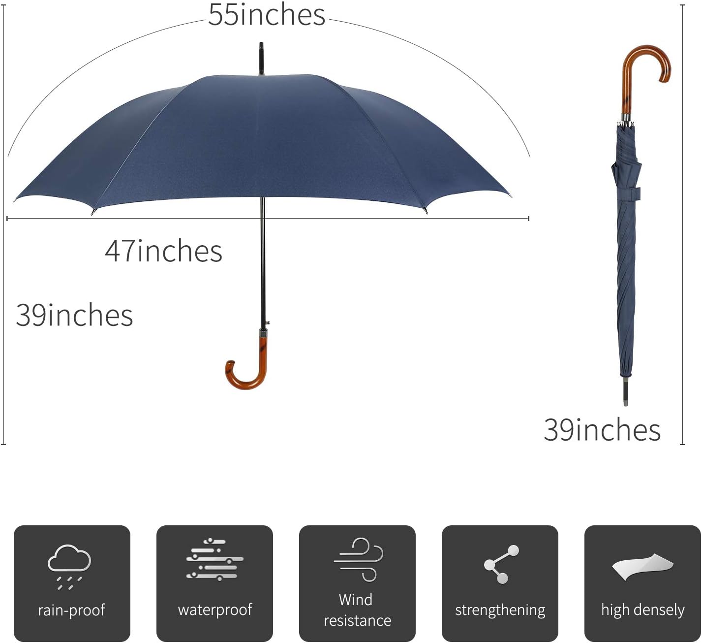 TIME LOVER Stick Umbrella Oversize Windproof Umbrella Wooden Hook Handle J Stick Automatic Open Fast Drying Umbrella for Men Women(Navy)