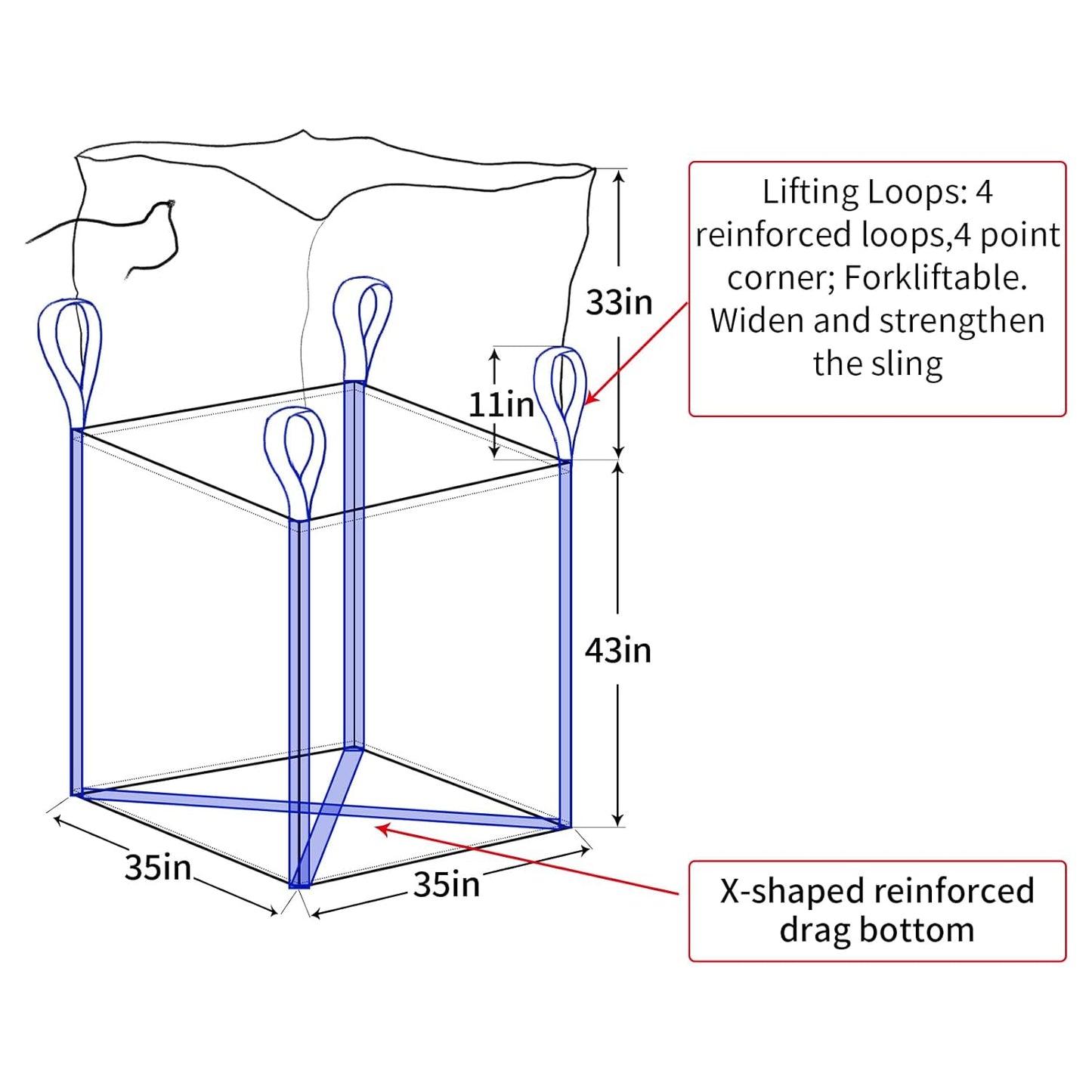 10 Pack FIBC Bulk Bag,Flexible Bulk Bags 1.5 Ton Bag, 35"L x 35"W x 43"H, 3300lbs SWL, Duffle Top Flat Bottom Heavy Duty, Woven Polypropylene Bags
