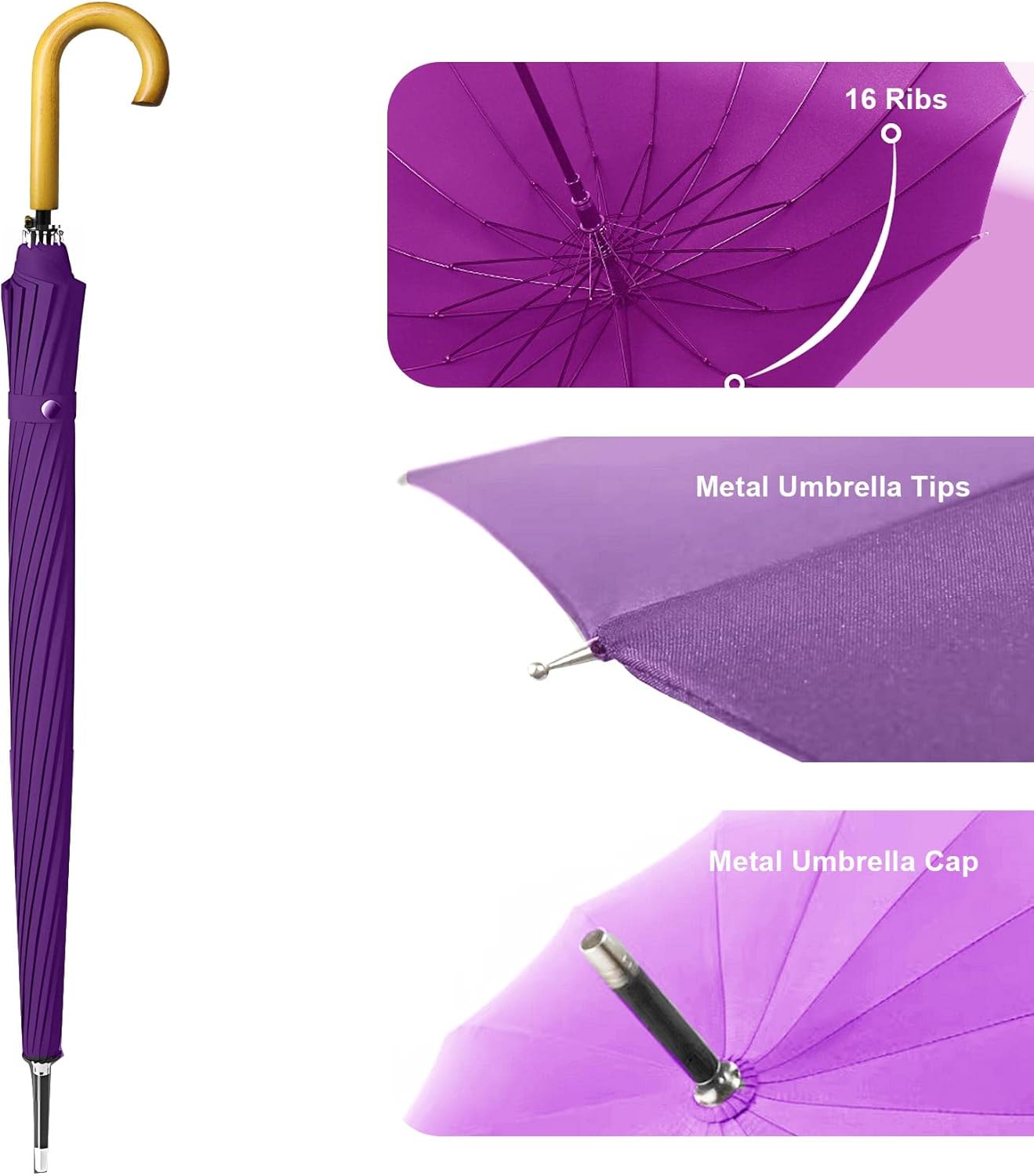 MRTLLOA 52 Inch Windproof Large Umbrellas for Rain, 16 Ribs, J Wooden Handle, 210T High-density Fabric Golf Stick Umbrella