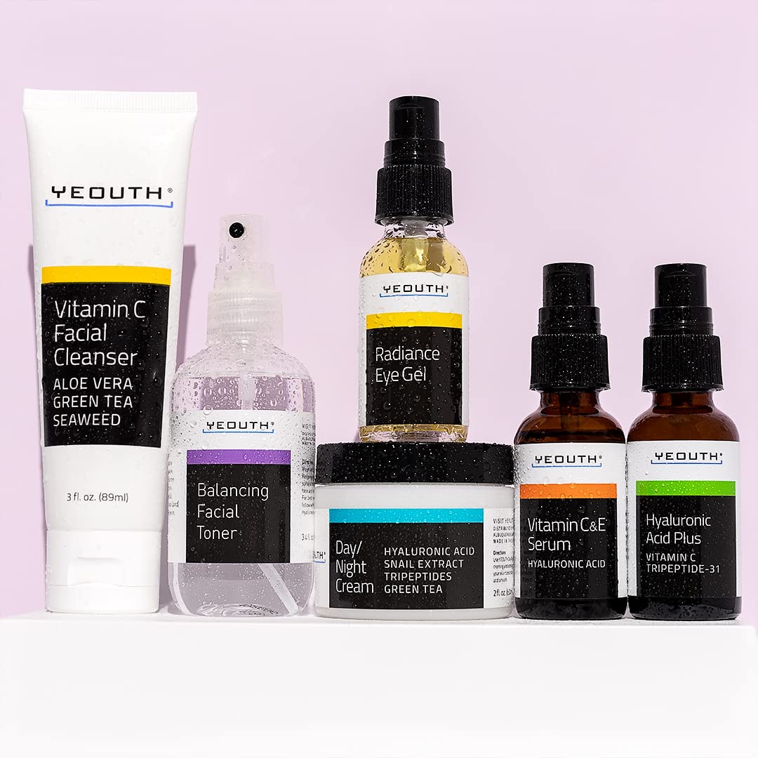 YEOUTH Skin Care Set: Hyaluronic Acid Serum, Vitamin C Serum, Face Cleanser, Toner, Under Eye Gel, Face Cream, 6-Piece Skincare Kit For Women & Men
