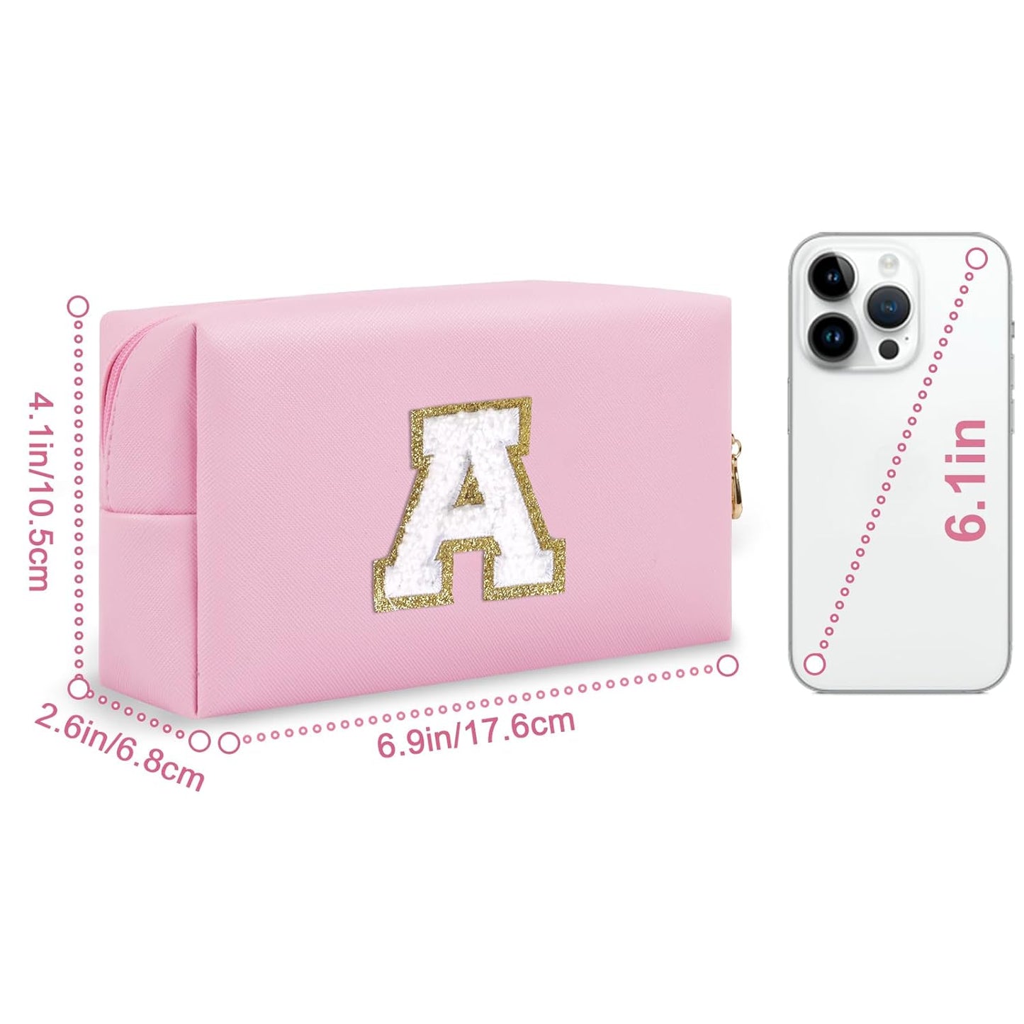 Personalized Initial A-Z Preppy Patch Makeup Bag,Small PU Chenille Letter Cosmetic Bag with Zipper for Teen Girls,Pink Cute Toiletry Organizer Bag,Monogram Makeup Case Gift for Women Girls,Letter A
