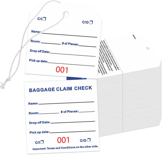 1000 Baggage Claim Check Tags with Transfer Tape on Back, 4 3/4 x 2 3/8 Hotel Luggage ID Tags Numbering from 001 to 1000, Baggage Identification for Hotel Suitcase Motel Bag
