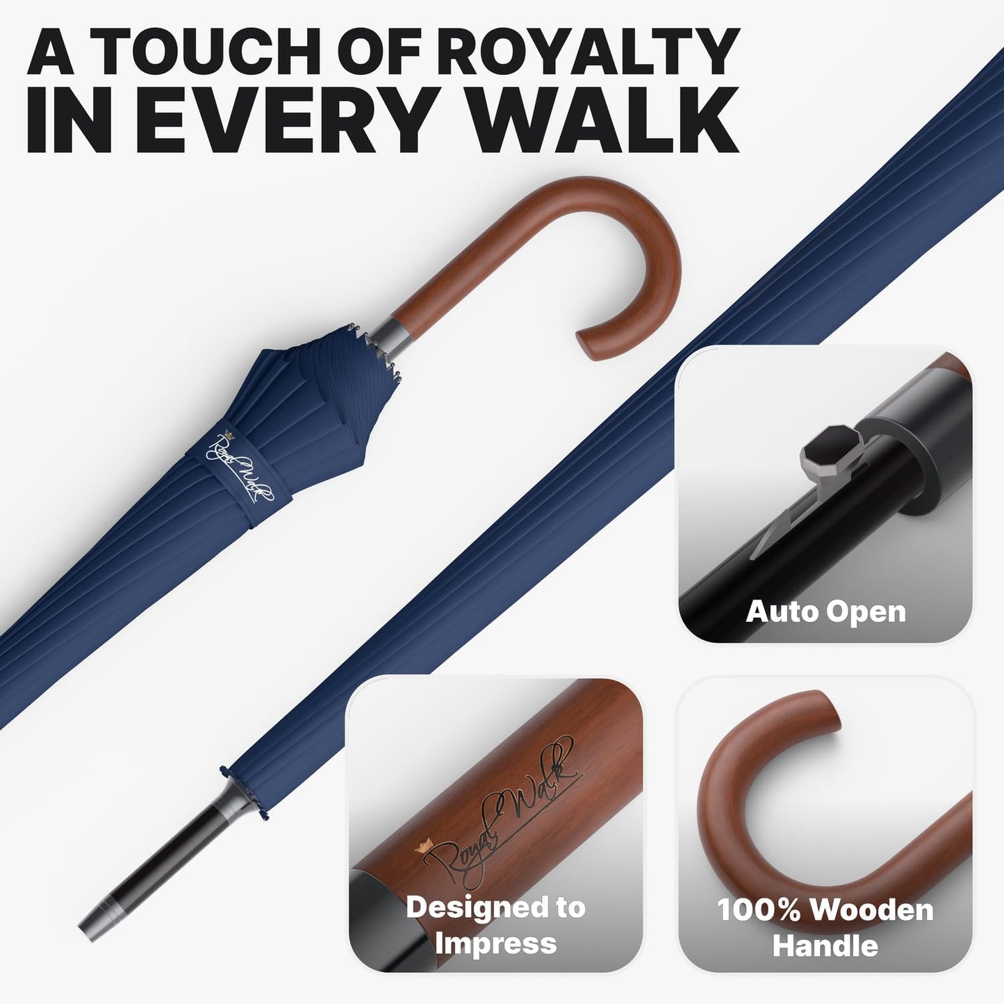 Royal Walk Windproof Large Umbrella for Rain 54 Inch Automatic Open for 2 Persons Wind Resistant Big Golf Umbrellas for Adult Men Women Classic Wooden Handle Fast Drying Strong 16 Ribs Travel 120cm