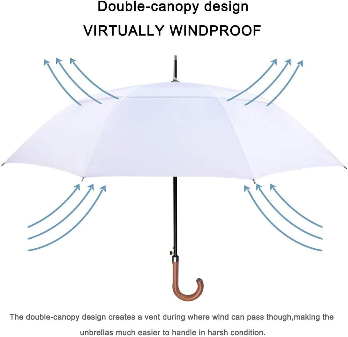 G4Free 52/62inch Wooden J Handle Golf Umbrella Windproof UV Protection Classic Stick Wedding Cane Umbrellas, Auto Open Cane Hook Handle