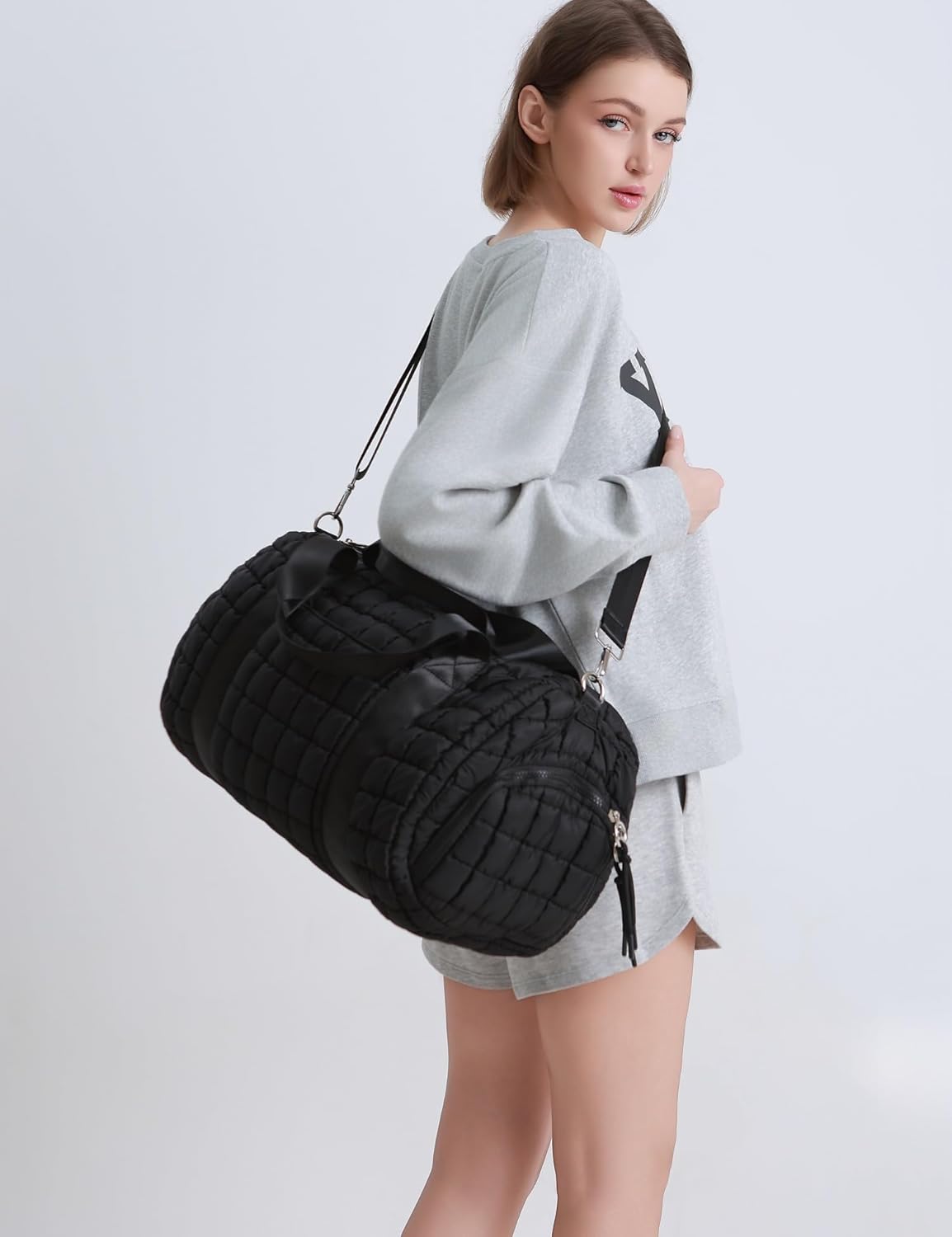Quilted Duffel Gym Bag for Men and Women Carry On Travel Sport Weekender Bag, Black