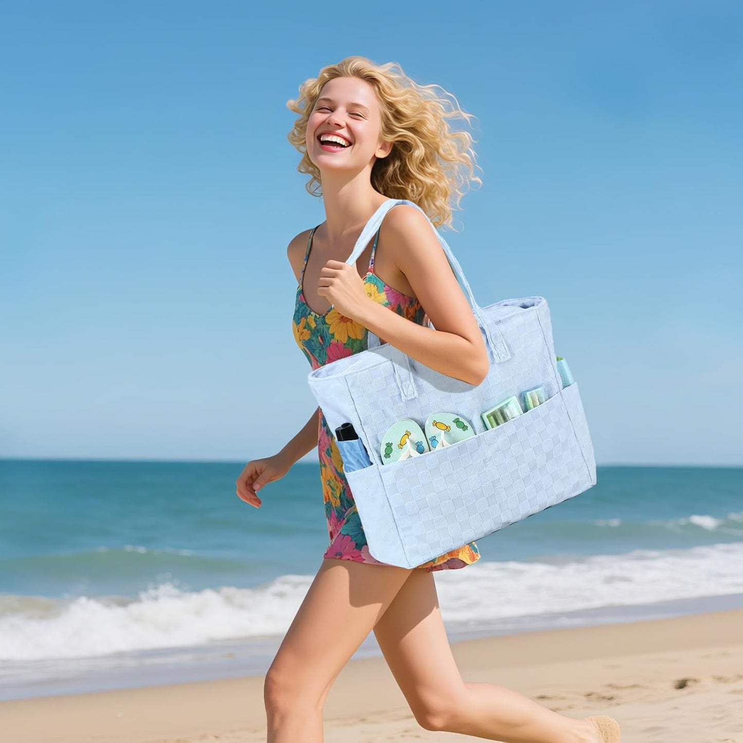 LEDAOU Large Beach Tote Bag Women Waterproof Sandproof Zipper Beach Tote Bag for Pool Gym Grocery Travel with Wet Pocket