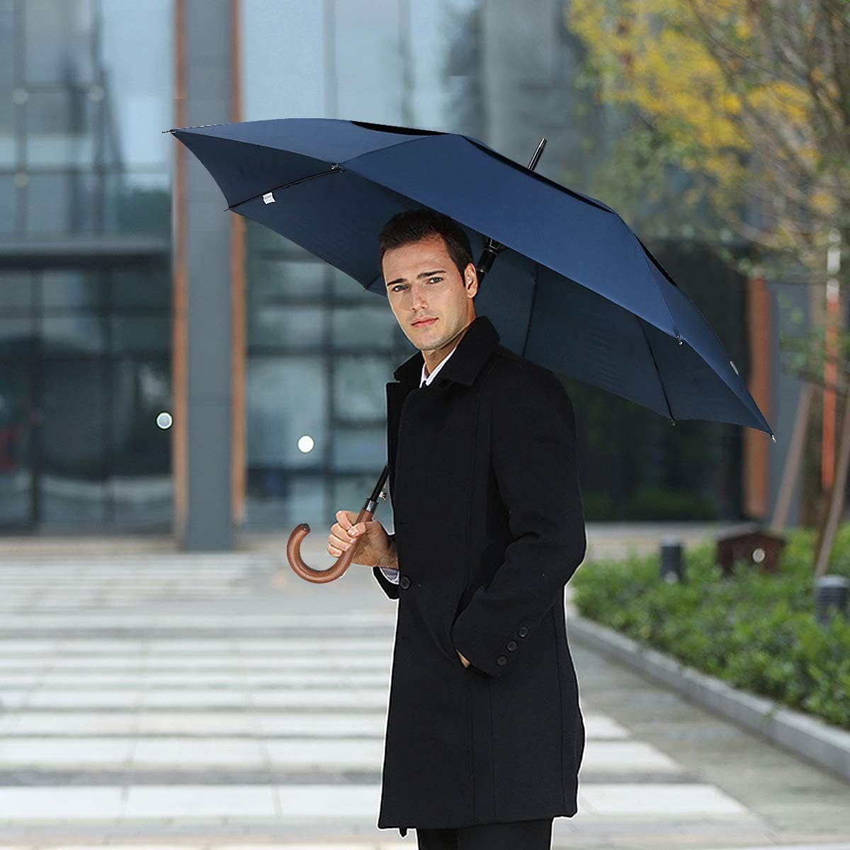 G4Free 52/62inch Wooden J Handle Golf Umbrella Windproof UV Protection Classic Stick Wedding Cane Umbrellas, Auto Open Cane Hook Handle