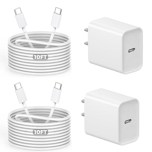 10Foot USB C Charger for iPhone 16 Charger, 2Pack 20W Type C Charging Block Long 10FT USB C Cord Cable Fast Charging for Apple iPhone 16/16e/16 Pro/16 Plus/16 Pro Max/15/15 Plus, iPad mini/iPad Air