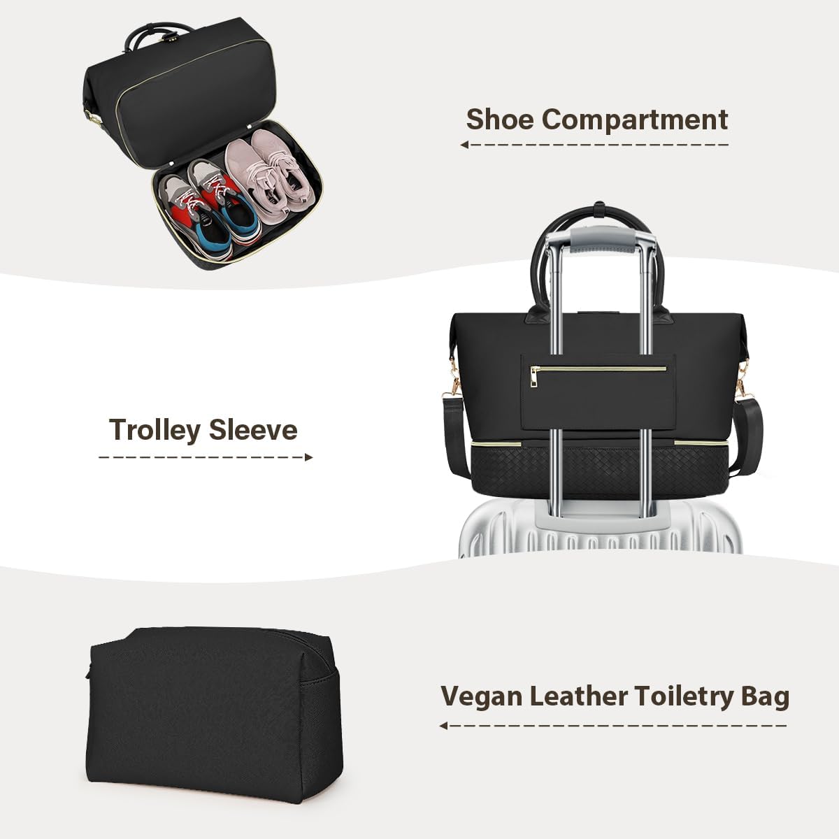 Leather Weekender Bags for Women, Travel Duffel Bag PU Overnight Bag Carry On Tote Bag with Shoe Compartment Wet Pocket