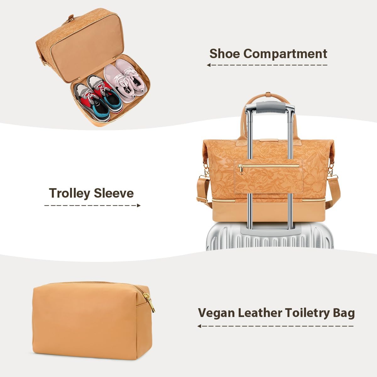 Leather Weekender Bags for Women, Travel Duffel Bag PU Overnight Bag Carry On Tote Bag with Shoe Compartment Wet Pocket