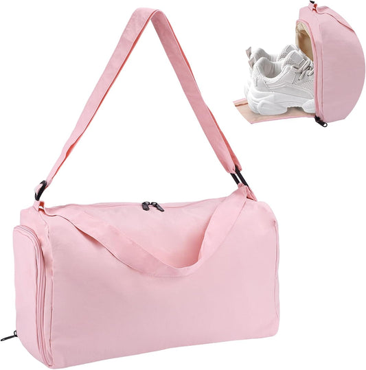 Small Gym Bag for Women with Shoes Compartment and Wet Pocket, Lightweight Travel Duffel Overnight Bags for Women & Men, Weekend Carry on Bag - Sport Yoga Swimming Dance(Pink)