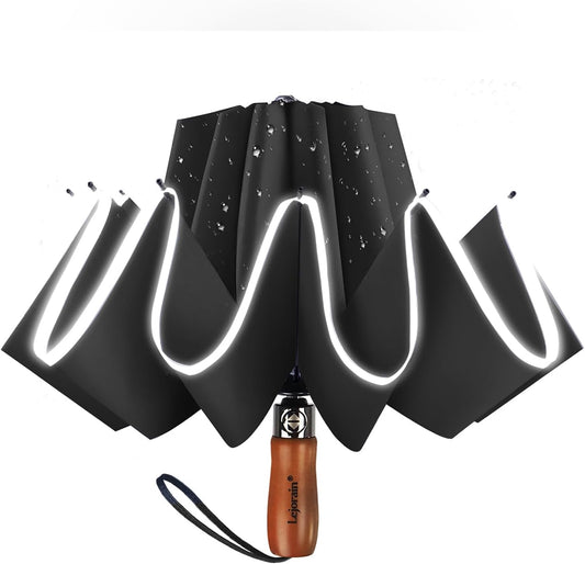 Lejorain Golf Large Inverted Umbrella - Black Big Windproof Heavy Duty Upside Down 46/50/54 Inch Compact Reverse Car Automatic Folding Reflective Umbrella