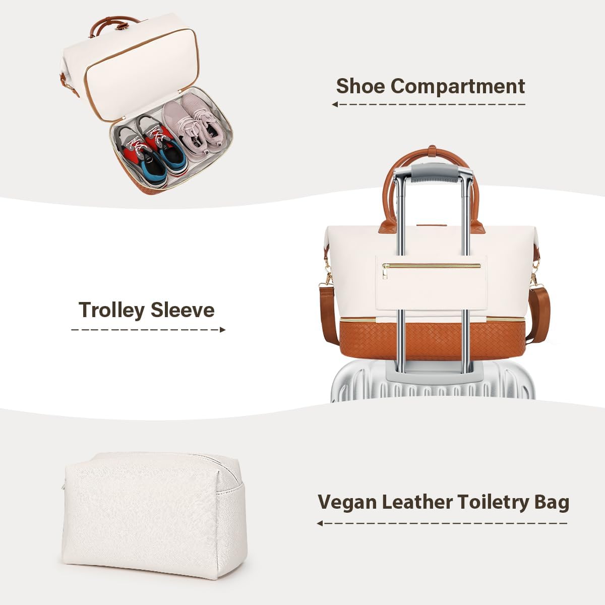 Leather Weekender Bags for Women, Travel Duffel Bag PU Overnight Bag Carry On Tote Bag with Shoe Compartment Wet Pocket