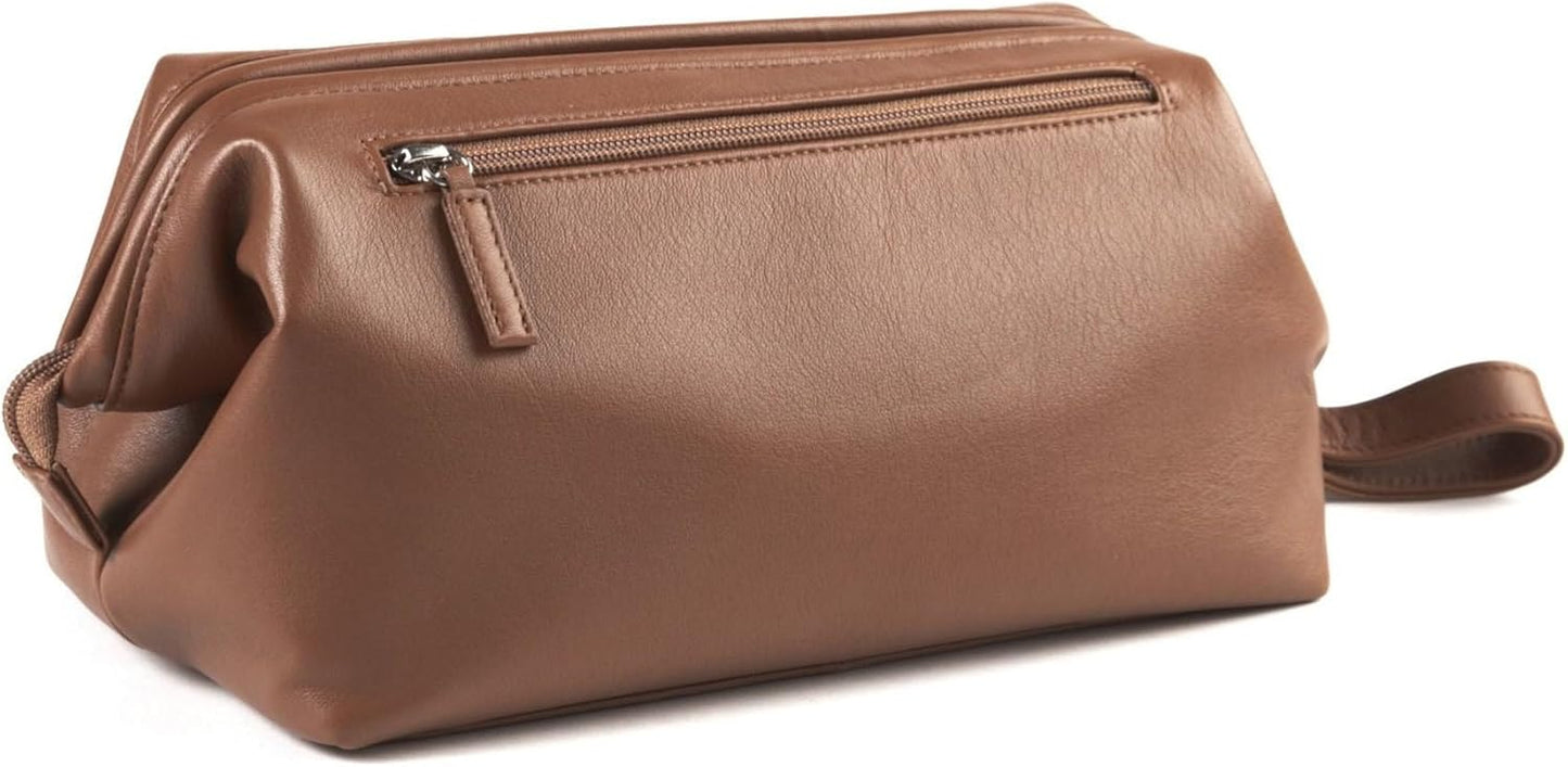 Leatherology Cognac Framed Toiletry Bag - Wide-mouth zippered opening, interior and exterior zippered compartments, compact and functional