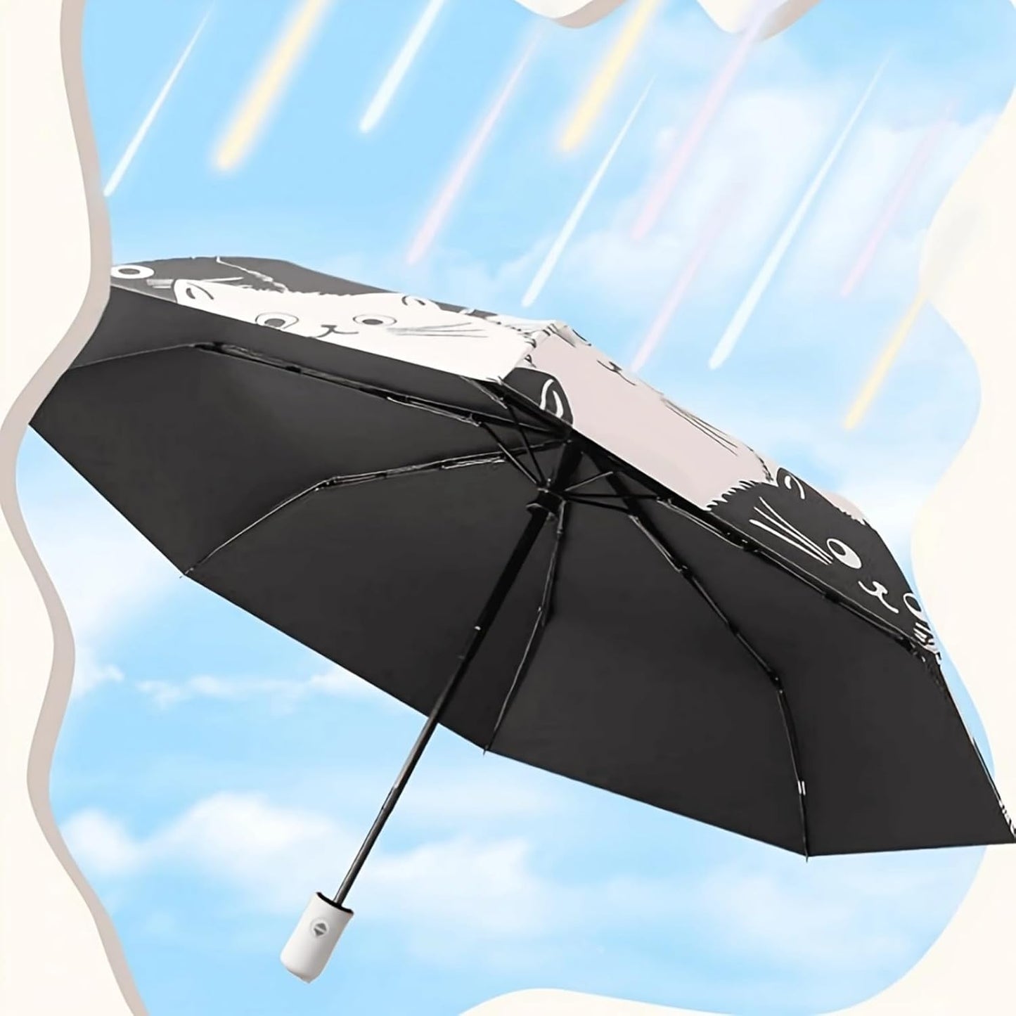 Compact Cat Umbrella - Automatic Folding, Dual-Use Rain and Sun Protection, Black Coating Anti-UV, Windproof, Lightweight, Portable Travel Companion for Men and Women