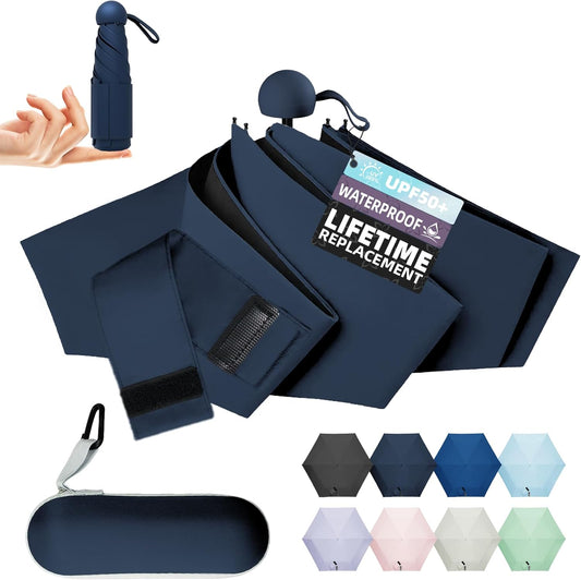 Travel Mini Umbrella Compact Small & Lightweight, UV Rain Protection, Pocket-Sized Folding Umbrellas with Quickdraw & Case for Men Women & Kids Backpack