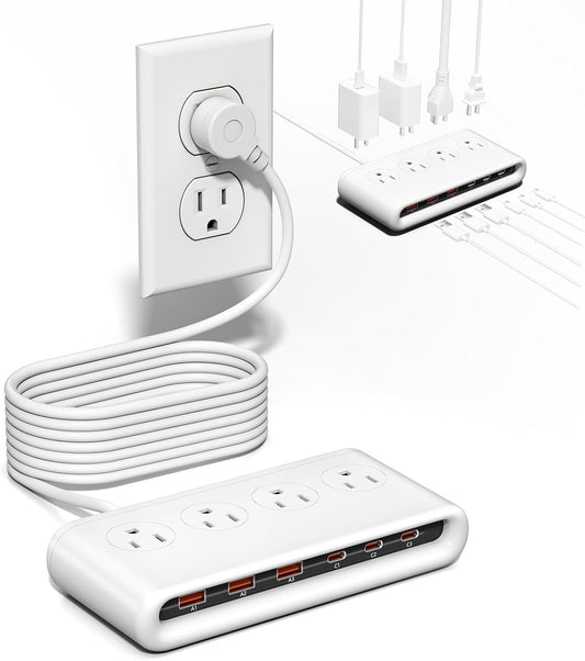 10 in 1 Flat Plug Power Strip with USB C, PD20W Fast Charging Station with 4 Outlets and 6 USB Port（3 Type C+3 USB A, 5ft Extension Cord, Non Surge Protector for Travel (White)