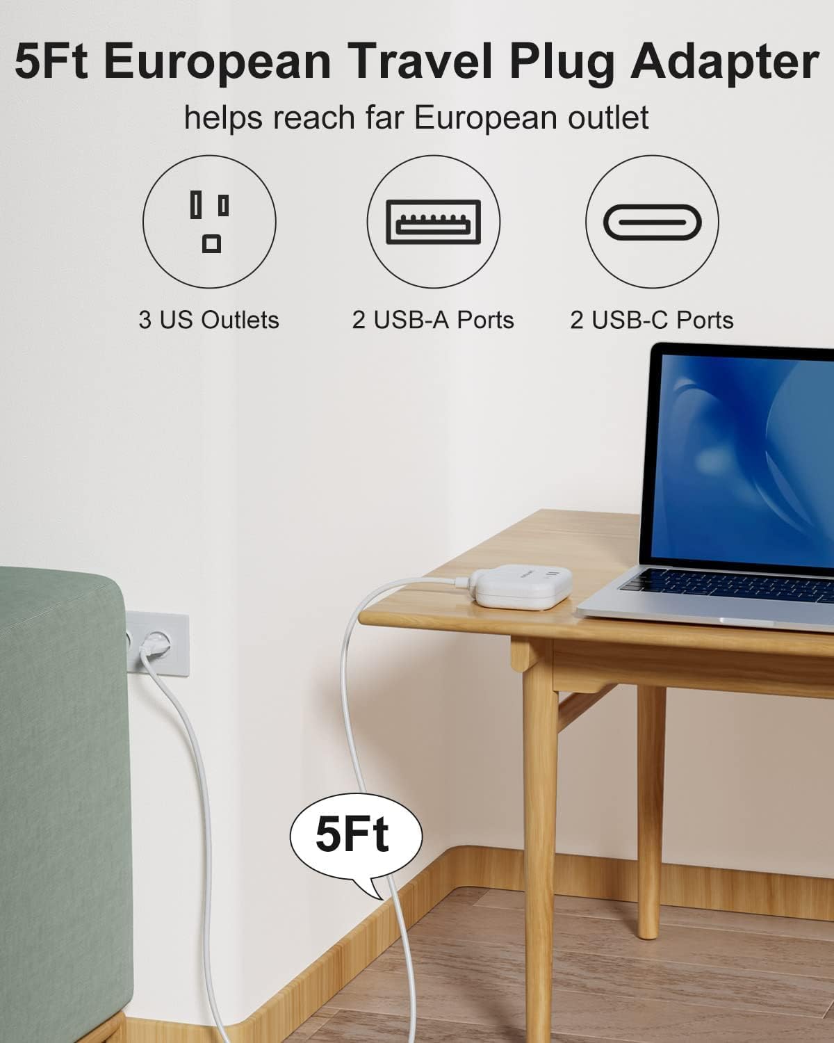 European Travel Plug Adapter, US to Europe Plug Adapter with 3 Outlets & 4 USB(2 USB-C), 5ft European Power Cord, International Power Strip, Type C for Europe EU Germany France, Travel, White