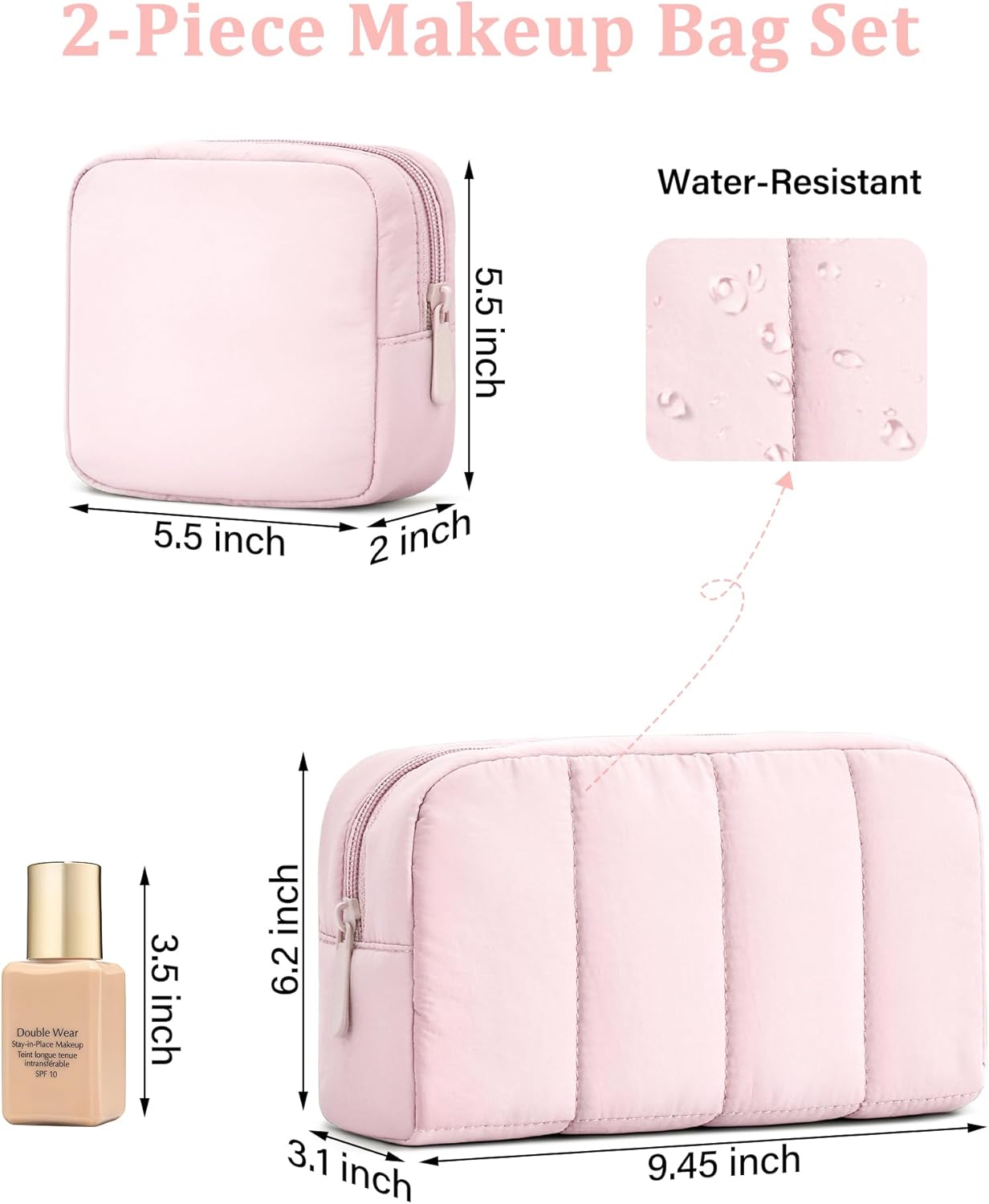 oscaurt 2 Pcs Makeup Bag Travel Toiletry Bag for Women Puffy Padded Cosmetic Pouch Purse Wide-open Makeup Organizer Case Travel Essentials