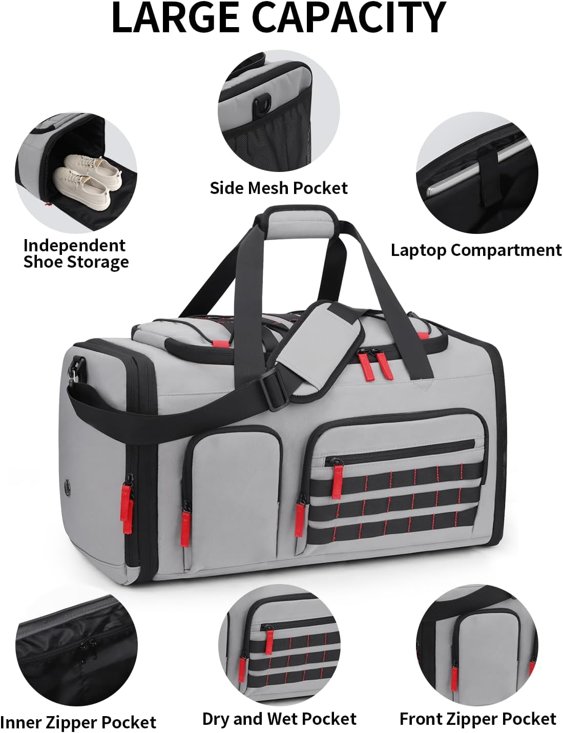 Gym Bags for Men Women, 45L Sports Travel Duffle Bag with Shoe Compartment, 3 in 1 Weekener Overnight Backpack with Wet Pocket, Grey