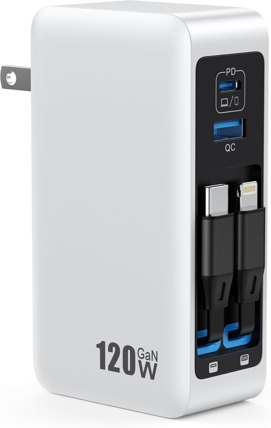 120W USB C Charger Block with 2 Built-in Retractable Cables,4-in-1 GaN IV Foldable Plug Wall Charger Fast Charging Station,PD 65W Laptop Adapter for MacBook/iPad,iPhone 16/15/14,Android (White)
