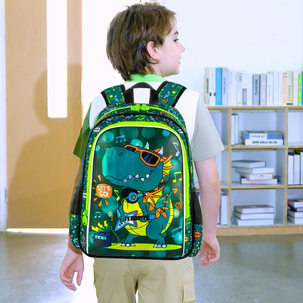 16" Dinosaur Backpack for Boy, 3Pcs Kids School Bookbag for Elementary Preschool Kindergarten, School Backpacks with Lunch Box(Green)