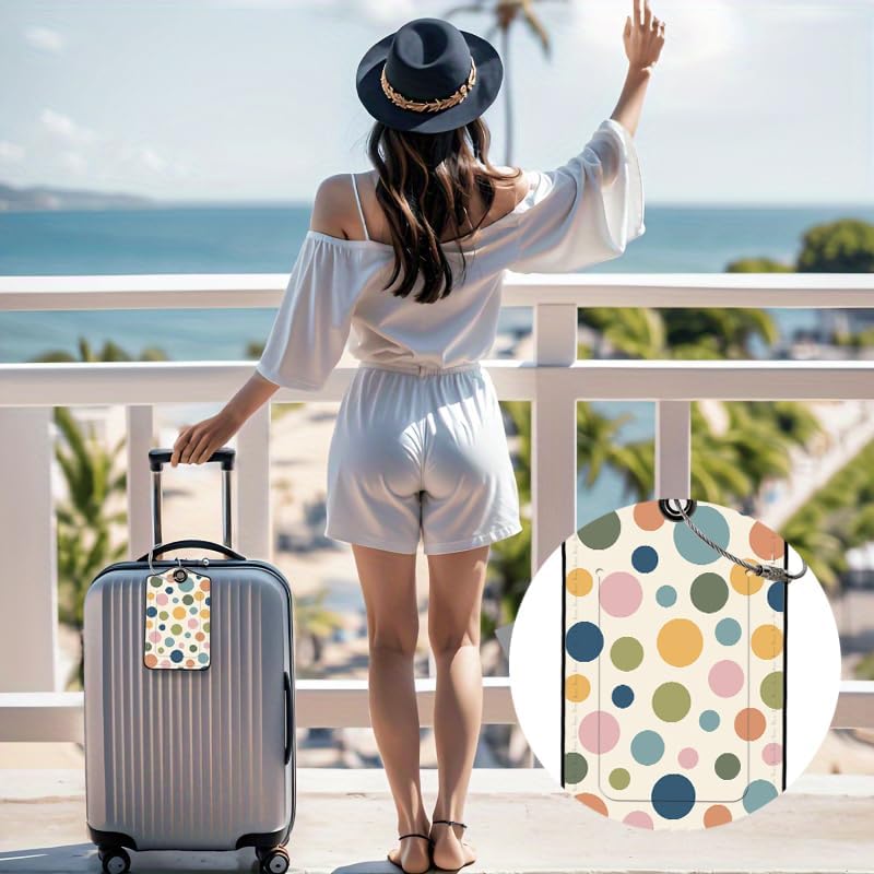 2 Pack Colored Dots Leather Luggage Tags for Suitcases, Travel Bag Tags with Privacy Cover ID Label with Stainless Steel Loop for Women Men Girls Backpack Gift (Multicolored)