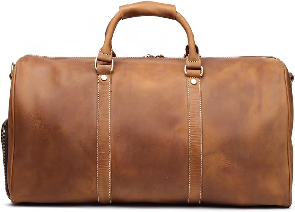 Leather Travel Luggage Bag, Mens Duffle Retro Carry on Handbag (Brown, 22 Inch)