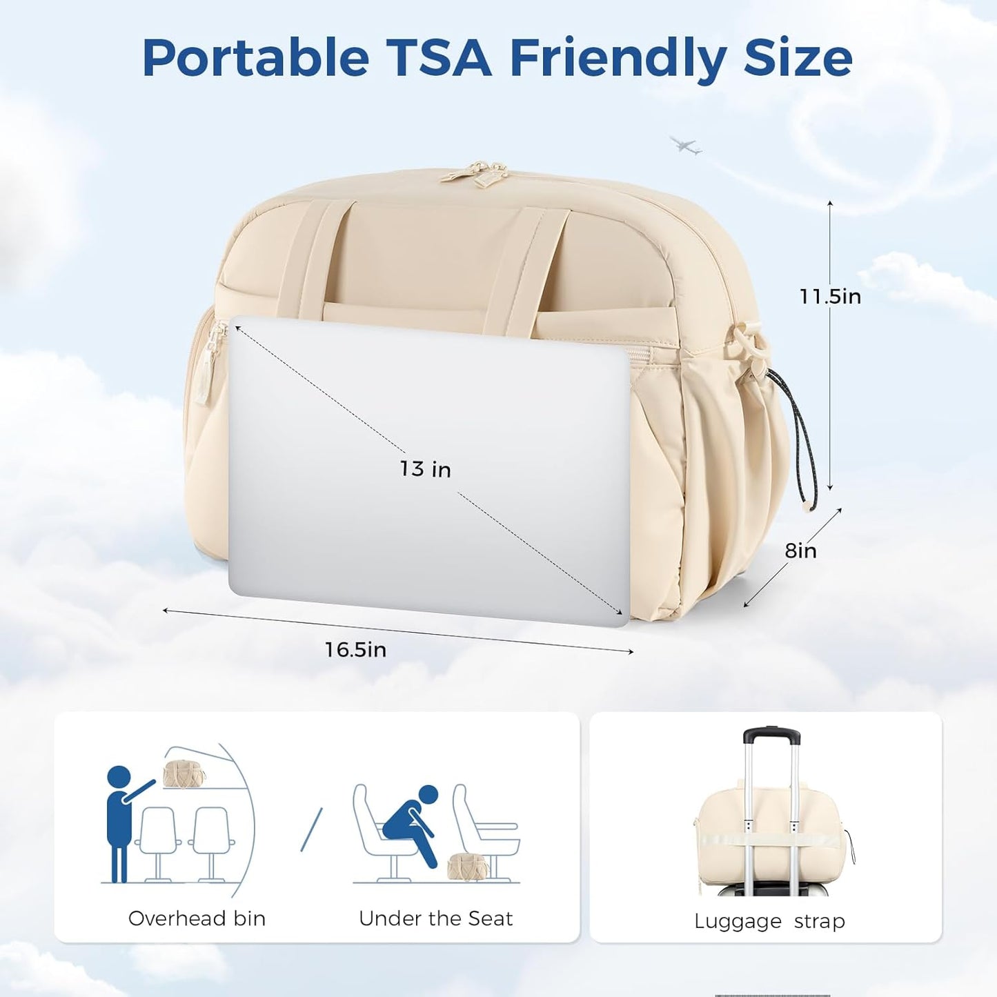 Gym Bag for Women, Puffer Travel Duffle Bag With Shoes Compartment & Wet Pocket, Carry On Tote Bag For Weekender, Overnight, Sport (Beige)