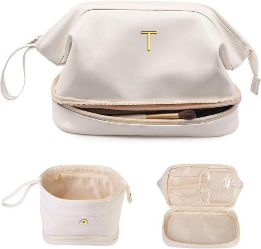 Birthday Gifts for Girls, Initial Large Makeup Bag, Personalized Double Layer Cosmetic Bag with Makeup Brush Organizer, Large Capacity PU Leather Travel Toiletry Bag Travel Stuff for Girls