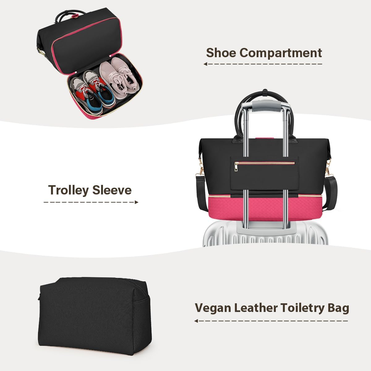 Leather Weekender Bags for Women, Travel Duffel Bag PU Overnight Bag Carry On Tote Bag with Shoe Compartment Wet Pocket