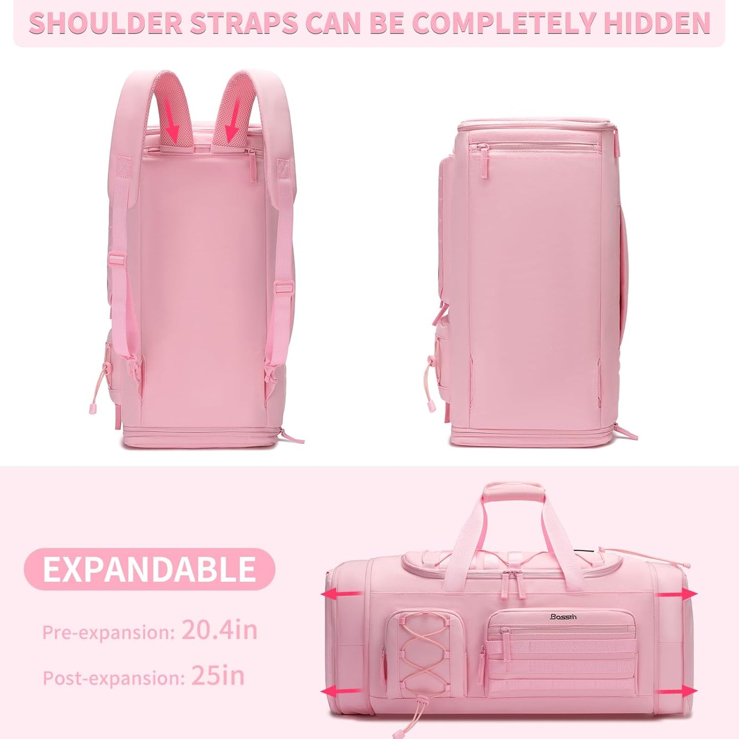 Bosstin Gym Bag for Women & Men,45L Travel Duffle Sports Duffel Bag Gym Weekender Overnight Backpack with Shoe Compartment (3PINK)