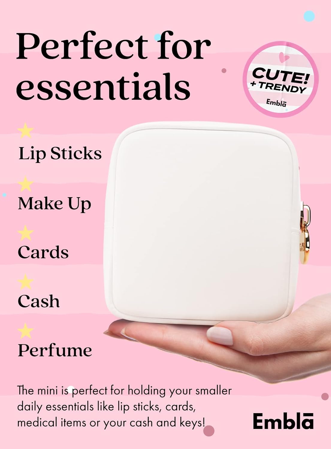 Makeup Bag Travel Cosmetics Pouch and Toiletry Bag, Nylon Zipper Pouch Purse, Cute Make Up Organizer Storage Tote for Women Girls, Waterproof Travel Skincare Case, Small Makeup Bags, White