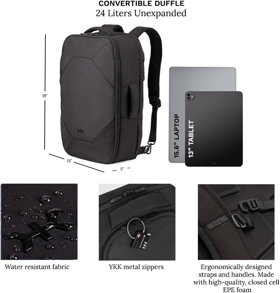 Knack Convertible Duffel Laptop Backpack, Expandable Travel Duffel Bag With 6 Day Outfit Capacity, Large Laptop Duffel Bag for Everyday Travel, Gym, and Work (Midnight Black)