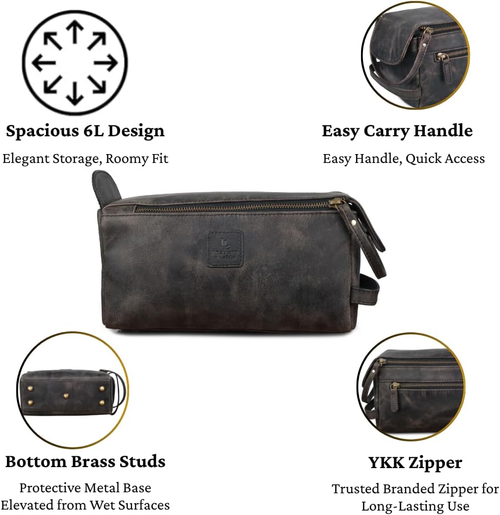 Leather Travel Toiletry Bag for Men & Women – Genuine Leather Dopp Kit, Shaving Organizer, Waterproof Lining, Spacious Toiletry Organizer Gift for Unisex- Chalkboard Grey