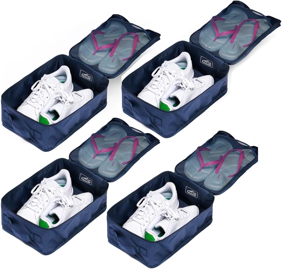 Travel Shoe Bags, Foldable Waterproof Shoe Pouches Organizer-Double Layer (4 Navy Shoe Bag)