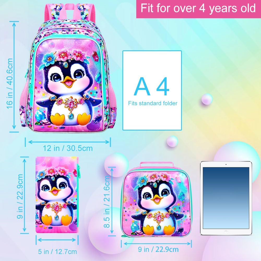 16" Girls Backpack, 16" Kids Bookbag with Lunch Box，Penguin School Backpacks for Elementary Preschool Kindergarten (Pink)